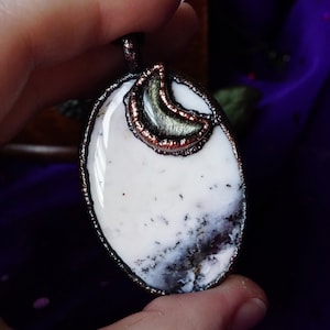 Dendritic Opal Jewelry, Crescent Moon Celestial Necklace, Healing Crystals in Copper, Silver Sheen Obsidian Pendant - Custom Chain Length!
