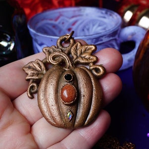 Pumpkin Necklace, Handmade Copper Pendant, Halloween & Fall Jewelry, Goldstone Amulet, Multi Stone Swarovski Necklace, Gift For Friends
