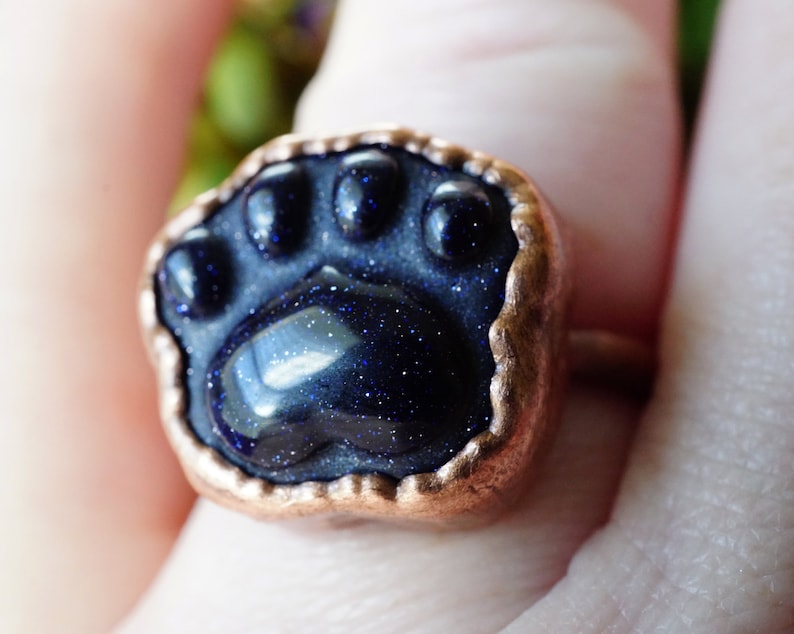 Cat Lovers Gifts Blue Crystal Ring Kitty Ring Crystal Jewelry Cat Paw Ring Cat Paw Ring Electroformed Copper Ring Handmade Ring