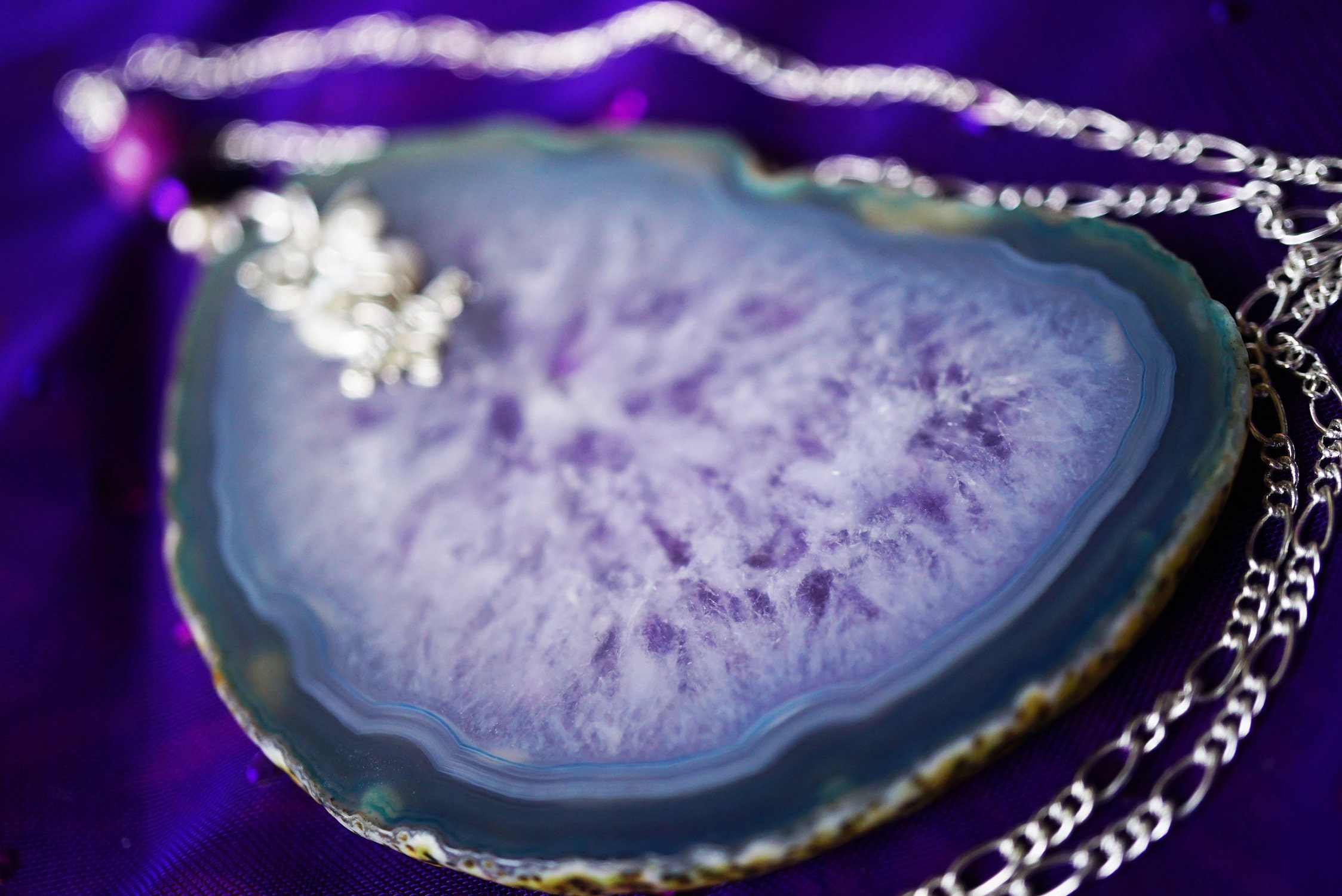 Owl Crystal Necklace, Large Agate Slice Jewelry, Purple Beaded, Owl Love You Forever Icy Lake Pendan