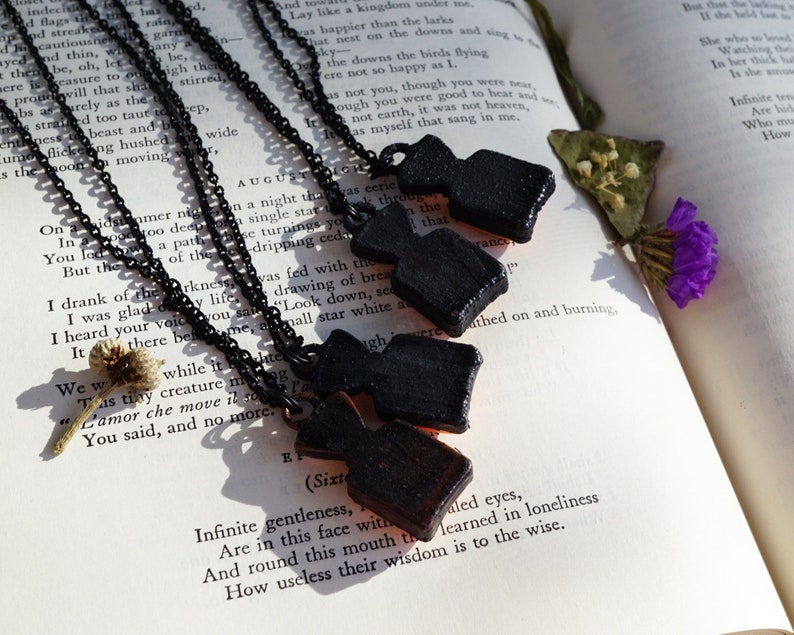 May include: Five black pendant necklaces with different shaped charms, hanging on a book with text. The charms are made of a dark, textured material and have a rustic, vintage look.