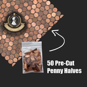 May include: A close-up of a bag of 50 pre-cut penny halves. The bag is clear plastic and the penny halves are copper colored. The image also shows a larger sheet of penny tiles with the text "Indy Penny Tile" in a circle.