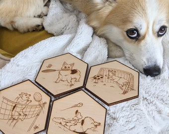Set onderzetters van gegraveerd Corgi-hout