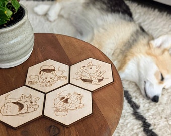 Cooking Corgi Engraved Wood Coaster Set