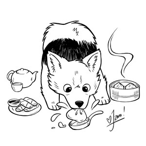 Op de afbeelding: Een zwart-witte lijntekening van een cartoonhond die een dumpling van een lepel eet. De hond is omringd door andere Aziatische gerechten, waaronder een theepot, een kopje, een bord met loempia's en een stoommandje met dumplings. De tekst "Jam!" is in cursief geschreven naast de hond.