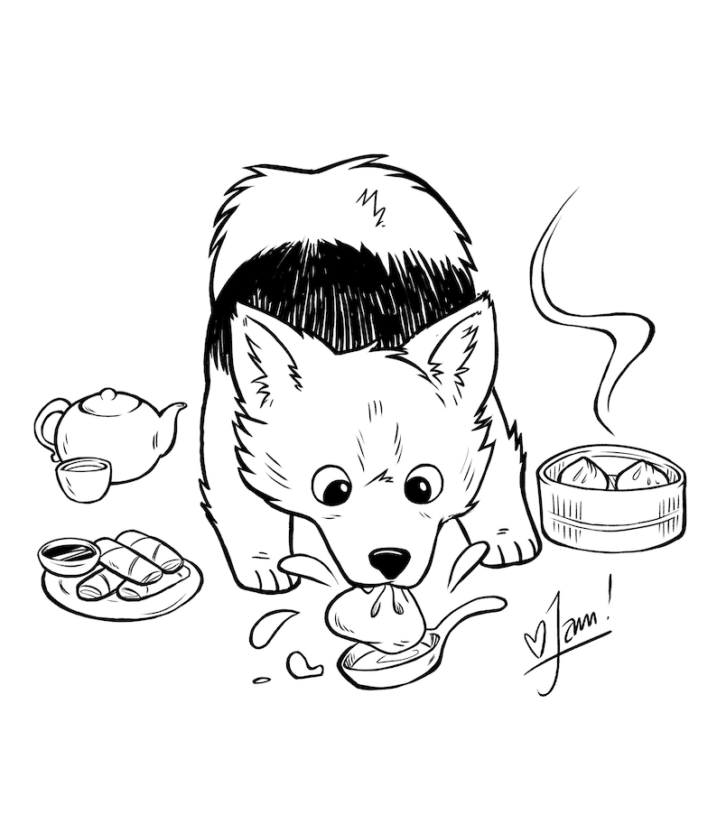 Op de afbeelding: Een zwart-witte lijntekening van een cartoonhond die een dumpling van een lepel eet. De hond is omringd door andere Aziatische gerechten, waaronder een theepot, een kopje, een bord met loempia's en een stoommandje met dumplings. De tekst "Jam!" is in cursief geschreven naast de hond.