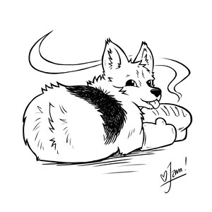 Op de afbeelding: Zwart-witte lijntekening van een cartoonhond met een pluche staart, zittend en een brood eet. De hond kijkt met een gelukkige uitdrukking naar het brood. De tekening is rechtsonder getekend met "Jam!"