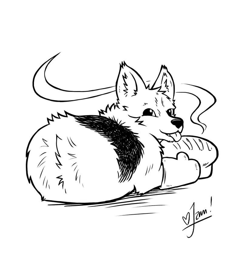 Op de afbeelding: Zwart-witte lijntekening van een cartoonhond met een pluche staart, zittend en een brood eet. De hond kijkt met een gelukkige uitdrukking naar het brood. De tekening is rechtsonder getekend met "Jam!"