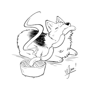 Op de afbeelding: Een zwart-witte lijntekening van een hond die vrolijk een worst van de grill eet. De hond zit op de grond met zijn staart kwispelend. De grill staat op de voorgrond en heeft een worst erop. De tekst "Jam!" is in cursief onder de hond geschreven.