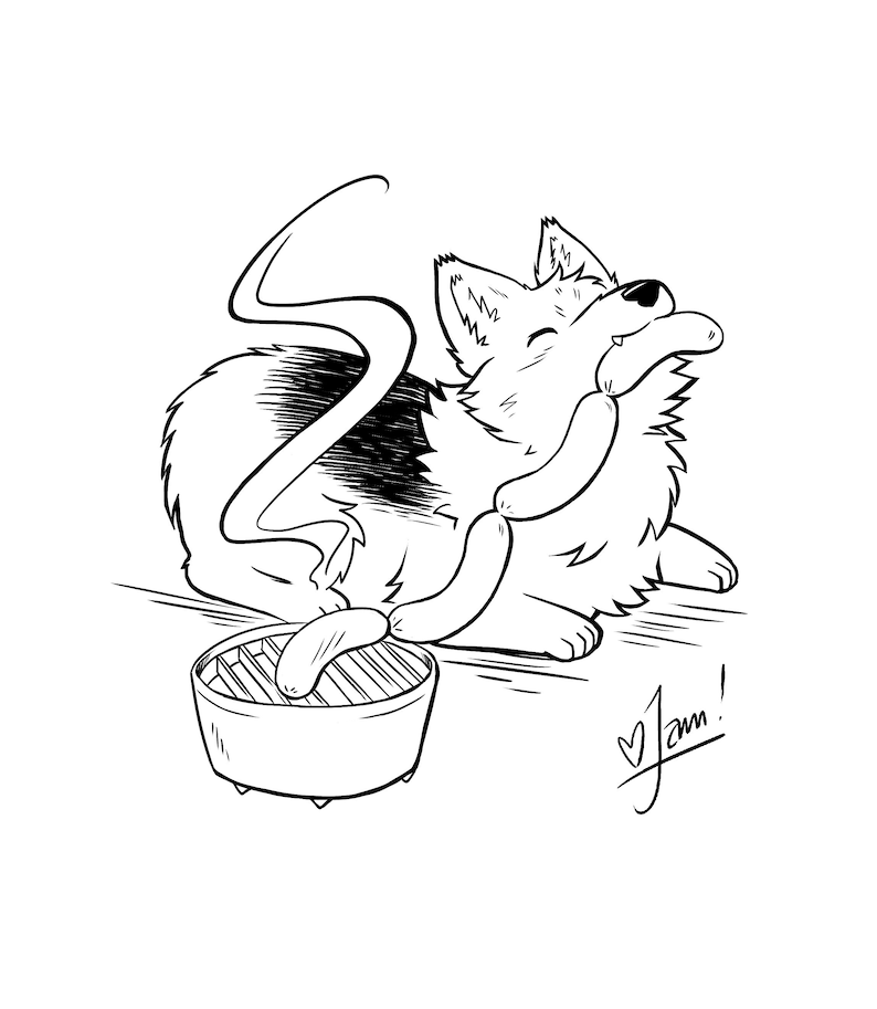 Op de afbeelding: Een zwart-witte lijntekening van een hond die vrolijk een worst van de grill eet. De hond zit op de grond met zijn staart kwispelend. De grill staat op de voorgrond en heeft een worst erop. De tekst "Jam!" is in cursief onder de hond geschreven.