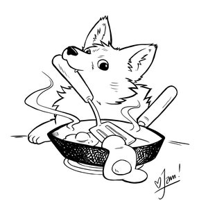 Op de afbeelding: Een zwart-witte lijntekening van een cartoonhond die een ei in een koekenpan bakt. De hond houdt een spatel vast en er komt stoom uit de pan. De tekst "Jam!" is in cursief onderaan de afbeelding geschreven.
