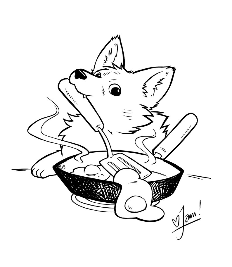 Op de afbeelding: Een zwart-witte lijntekening van een cartoonhond die een ei in een koekenpan bakt. De hond houdt een spatel vast en er komt stoom uit de pan. De tekst "Jam!" is in cursief onderaan de afbeelding geschreven.