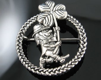 Genuine .925 Sterling Silver Irish Leprechaun Shamrock Charm Pendant and Brooch Pin Combo