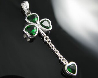 925 Sterling Silver Emerald Green Shamrock and Heart Dangle Pendant!