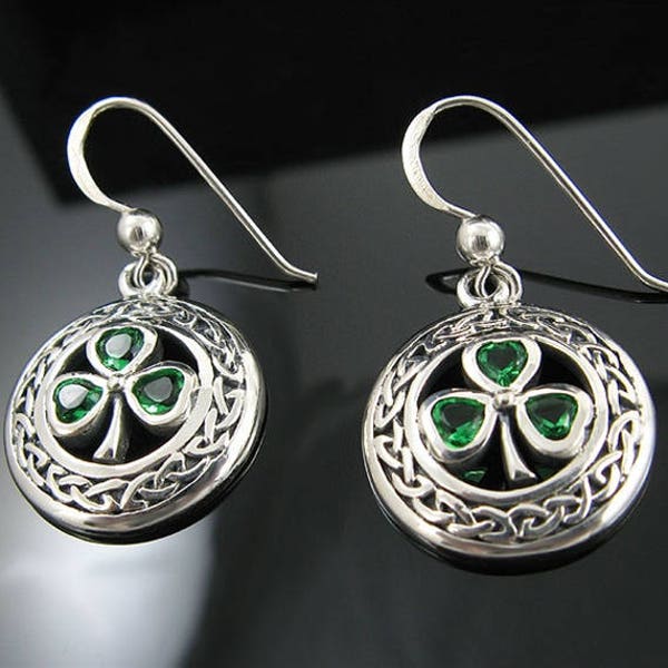 Genuine .925 Sterling Silver Celtic Knot and Emerald Green Shamrock Earrings