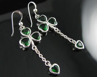 Genuine .925 Sterling Silver Emerald Green Shamrock and Heart Dangle Earrings!
