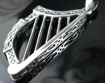 Genuine Solid .925 Sterling Silver Irish Celtic Harp Necklace Pendant