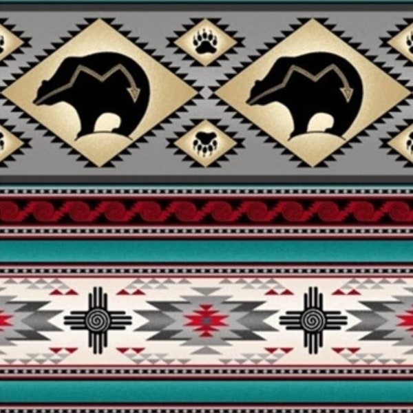 Elizabeth Studio Gray Black Bear Border Stripe Tucson Cotton Quilt Fabric