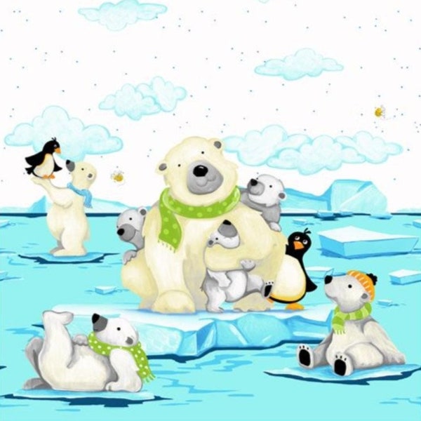 Susybee Burr the Polar Bear Family and Penguin Friends Double Border Stripe Cotton Quilt Fabric