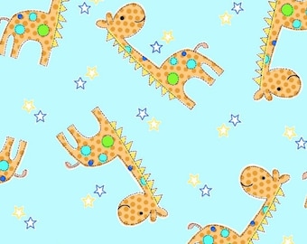 Baby Giraffes on Blue Comfy Cotton FLANNEL Fabric by A. E. Nathan