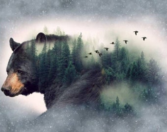 Hoffman Call of the Wild Soft Cuddley Black Bear Nature Cotton Quilt Panel 29 x 59