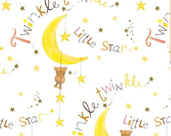 Twinkle Little Star Teddy Bear, Stars, and Moons Comfy Cotton Flannel Fabric by A. E. Nathan