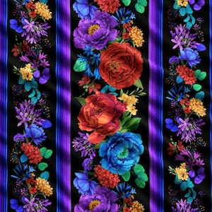 Timeless Treasures Hacienda Floral Fabric by the Yard, Vibrant Purple Stripe Border Fabric, Colorful Blossoms Cotton Material