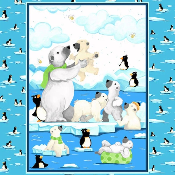 Susybee Burr the Polar Bear Family and Penguin Friends Cotton Quilt Fabric Panel 36" x 43"