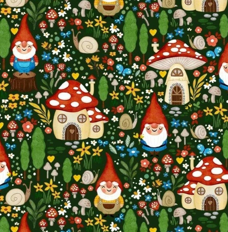 Michael Miller Green Garden Gnome Sweet Gnome Cotton Sewing Quilt Fabric