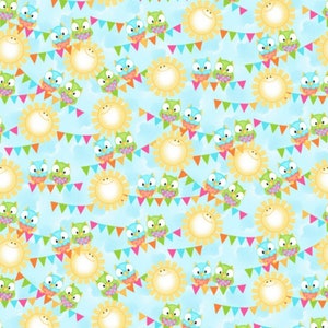 Owls and Suns on Light Blue Comfy Cotton FLANNEL Fabric by A. E. Nathan