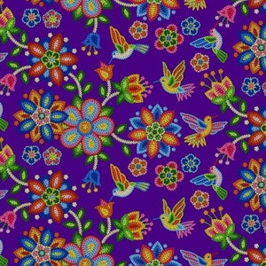 May include: A purple background with a repeating pattern of colorful beaded flowers and hummingbirds. The flowers are in shades of red, orange, yellow, green, blue, and pink. The hummingbirds are in shades of blue, green, and yellow.