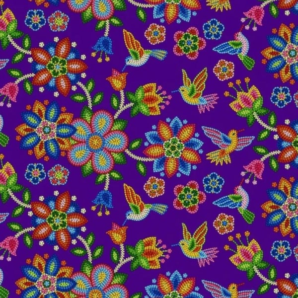 Elizabeth Studio Tucson Hummingbird and Flowers Cotton Quilt Fabric on a Dark Purple Background