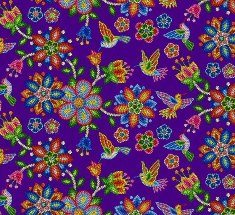 May include: A purple background with a repeating pattern of colorful beaded flowers and hummingbirds. The flowers are in shades of red, orange, yellow, green, blue, and pink. The hummingbirds are in shades of blue, green, and yellow.