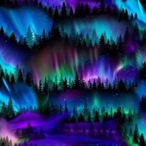 May include: A vibrant illustration of the Aurora Borealis. The image features a dark forest silhouette against a backdrop of swirling, colorful lights in shades of blue, green, purple, and pink. The night sky is filled with stars.