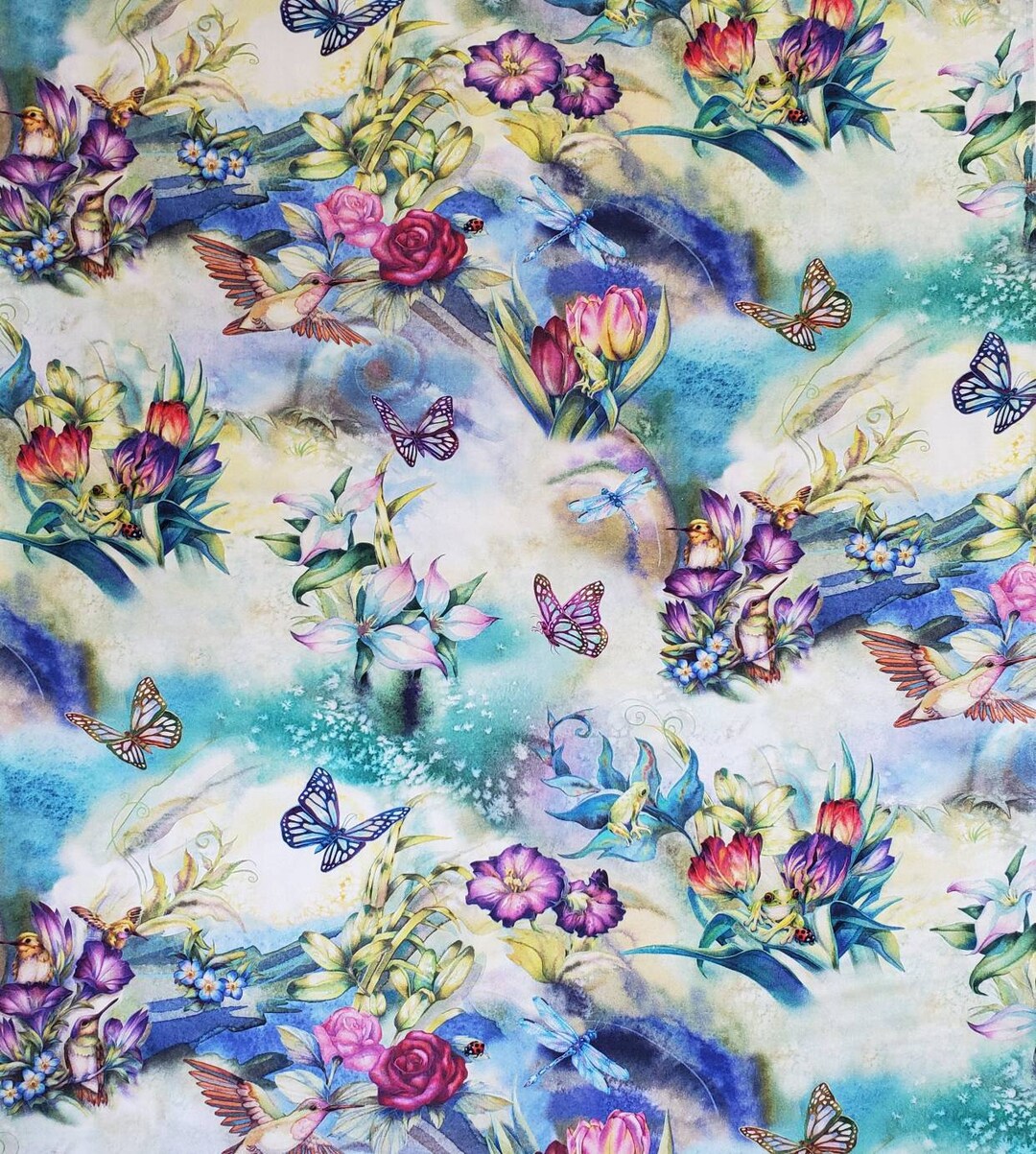 Robert Kaufman Morningmoon Fairies Humming Bird, Butterfly, and Floral