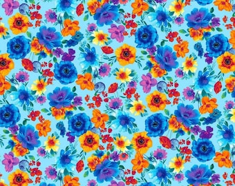 Glow by Chong A Hwang for Timeless Treasures Colorful Spring Floral Flowers on Light Blue Cotton Quilt Fabric