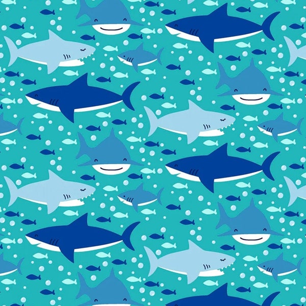 Blue Swimming Sharks on Turquoise Comfy Cotton FLANNEL Fabric by A. E. Nathan
