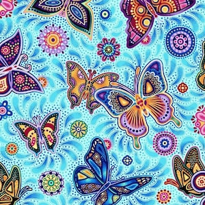 Pannotia by Oasis Fabrics Blue, Yellow, and Purple Butterfly and Flower Cotton Quilt Fabric