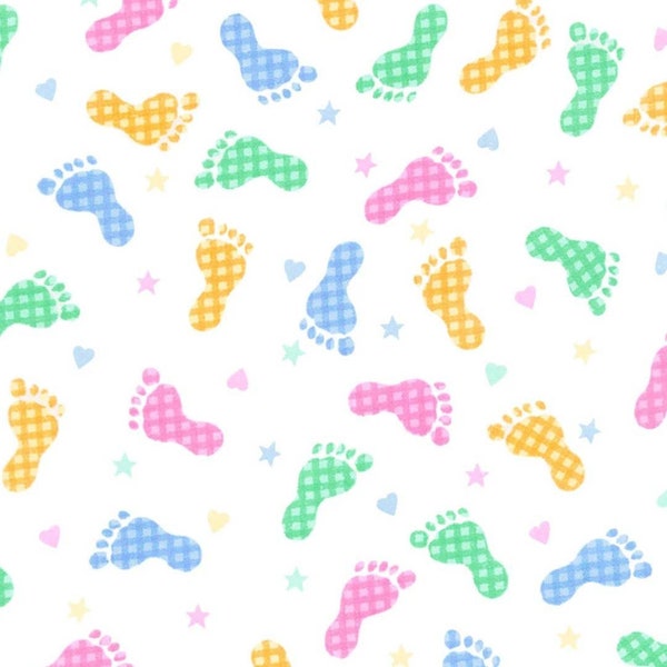 Pastel Baby Footprints on White Cotton Comfy FLANNEL Fabric by A. E. Nathan