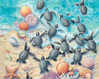 Elizabeth Studio Race to Safety Baby Sea Turtle Quilt Panel, Ocean Life Cotton Fabric, Tropical Seashore Fabric, Quilting Sewing Material
