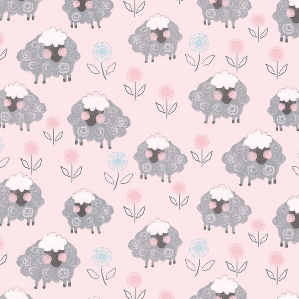 Fluffy Gray Sheep on Light Pink Comfy Cotton FLANNEL Fabric by A. E. Nathan