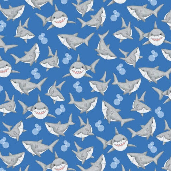 Great White Sharks on Blue Comfy Cotton FLANNEL Fabric by A. E. Nathan