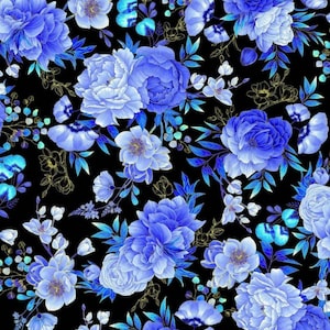 Royal Plume by Chong A Hwang for Timeless Treasures Large Blue Metallic Flowers on Black Cotton Quilt Fabric