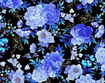Royal Plume by Chong A Hwang for Timeless Treasures Large Blue Metallic Flowers on Black Cotton Quilt Fabric