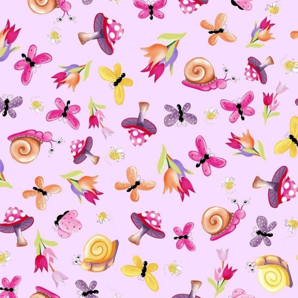 Susybee Sloane the Snail, Butterflies, Mushrooms, Bees, and Flowers on Lavender Cotton Quilt Fabric