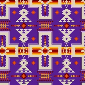 May include: A seamless pattern with a geometric design in shades of orange, red, purple, and white. The pattern is reminiscent of Native American art.