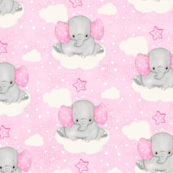 Gray Baby Elephants on Pink Cotton Comfy FLANNEL Fabric by A. E. Nathan