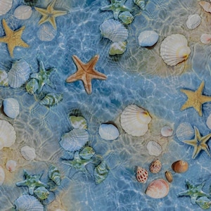 May include: A seamless pattern featuring a beach scene with seashells and starfish. The design includes various seashells in white, tan, and brown, along with orange and green starfish. The background is a light blue, resembling water.