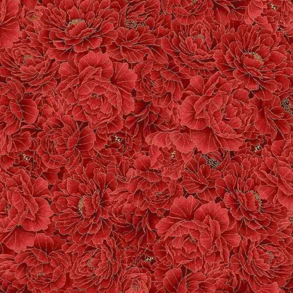 Kyoto Garden by Chong A Hwang for Timeless Treasures Red Asian Flowers with Gold Metallic Cotton Quilt Fabric