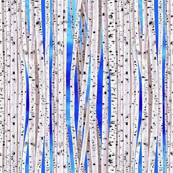 Floral Forest by Chong A Hwang for Timeless Treasures White Birch Trees on Blue Cotton Quilt Fabric